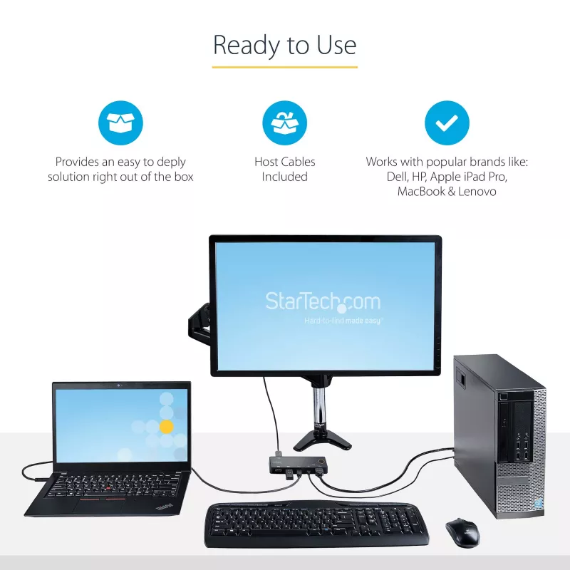 StarTech.com 2-portowy hybrydowy przełącznik KVM USB-A + HDMI i USB-C - Pojedynczy monitor 4K 60 Hz HDMI 2.0 - Kompaktowy przełącznik KVM HDMI dla komputerów stacjonarnych i/lub laptopów - Zasilany przez USB - Kompatybilny z Thunderbolt 3