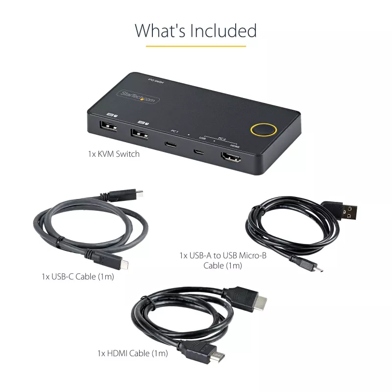 StarTech.com 2-portowy hybrydowy przełącznik KVM USB-A + HDMI i USB-C - Pojedynczy monitor 4K 60 Hz HDMI 2.0 - Kompaktowy przełącznik KVM HDMI dla komputerów stacjonarnych i/lub laptopów - Zasilany przez USB - Kompatybilny z Thunderbolt 3
