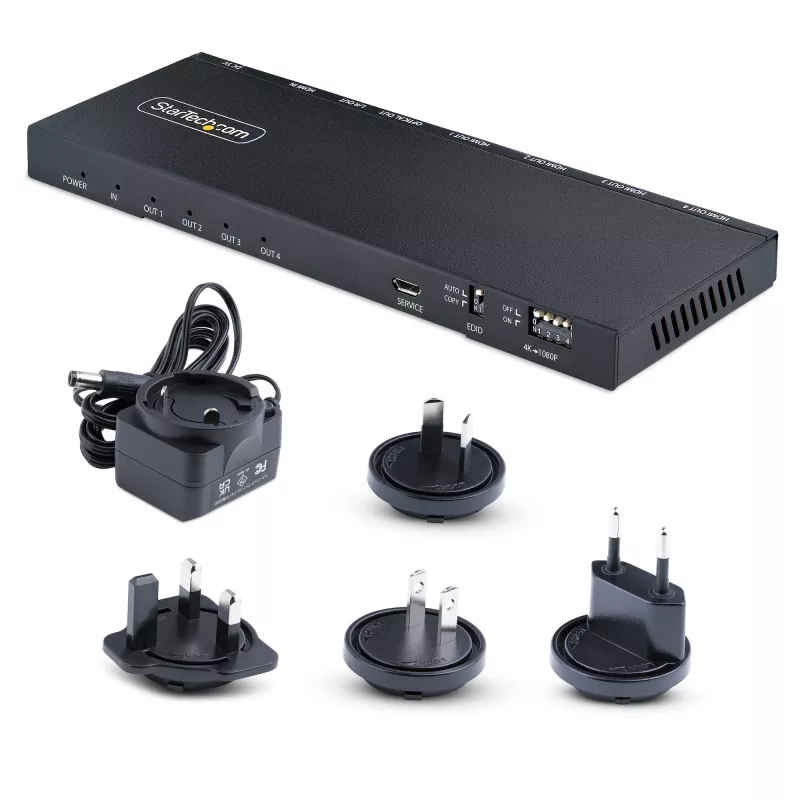 StarTech.com 4-portowy rozdzielacz HDMI, 4K 60Hz HDMI 2.0 Video, rozdzielacz HDMI 4K z wbudowanym skalowaniem, rozdzielacz HDMI 1 na 4, gniazdo audio 3,5 mm/optyczne, rozdzielacz HDMI Wyświetlacz/Wyjście