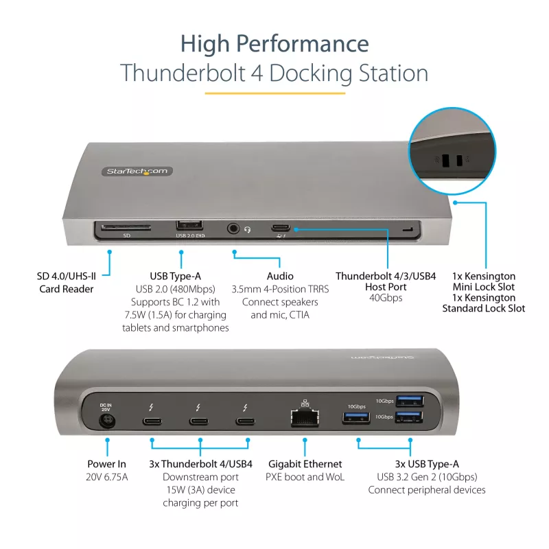 StarTech.com Stacja dokująca Thunderbolt 4, zasilanie 96W, pojedyncze 8K/podwójny monitor 4K 60Hz, 3 porty TB4/USB4, 4 porty USB-A, SD, GbE, stacja dokująca Thunderbolt 4 dla Windows lub MacBook z TB3, kabel 0,8 m