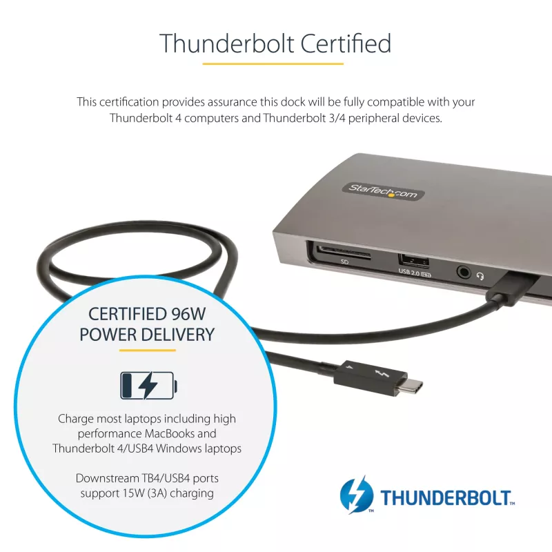 StarTech.com Stacja dokująca Thunderbolt 4, zasilanie 96W, pojedyncze 8K/podwójny monitor 4K 60Hz, 3 porty TB4/USB4, 4 porty USB-A, SD, GbE, stacja dokująca Thunderbolt 4 dla Windows lub MacBook z TB3, kabel 0,8 m