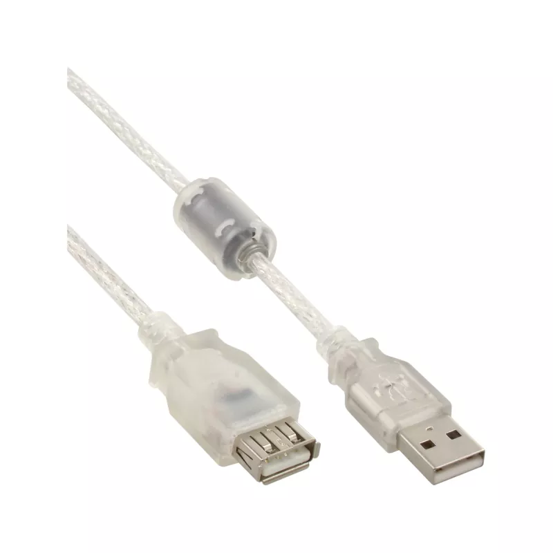 InLine USB 2.0 Extension kabel Type A M/F, transparent, w/ferrite, 3m