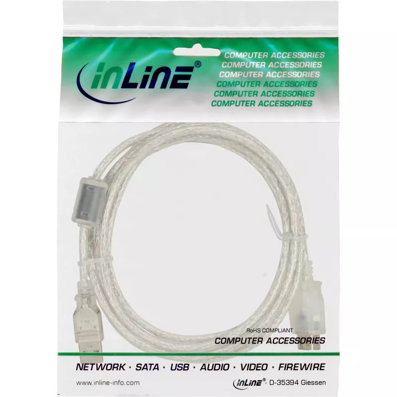 InLine USB 2.0 Extension kabel Type A M/F, transparent, w/ferrite, 3m