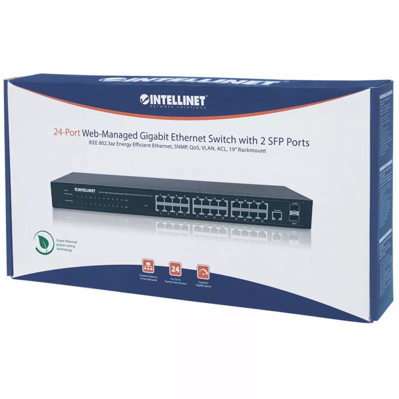 Intellinet 24-portowy przełącznik sieciowy, 24 porty (RJ45), do montażu w szafie, Gigabit, 4 SFP, Ethernet Web-Smart, 10/100/1000 Mbit