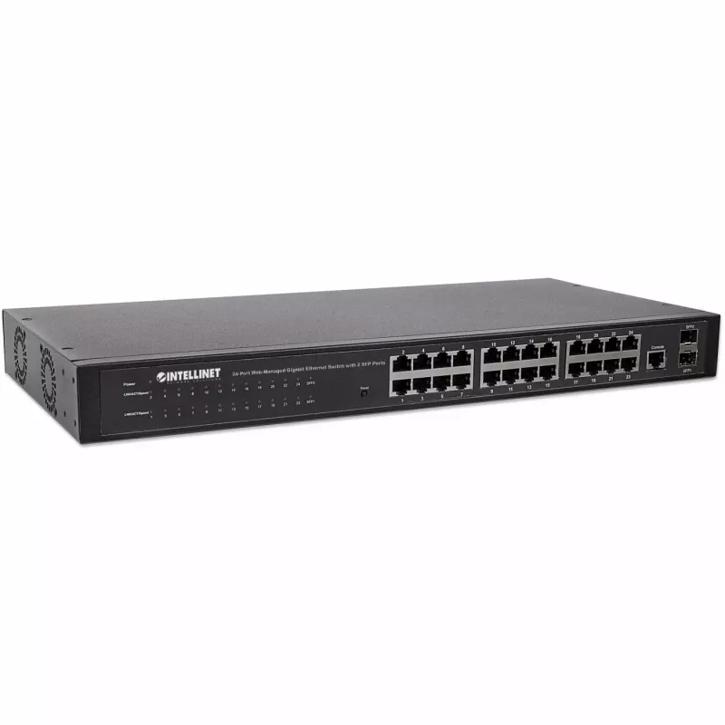 Intellinet 24-portowy przełącznik sieciowy, 24 porty (RJ45), do montażu w szafie, Gigabit, 4 SFP, Ethernet Web-Smart, 10/100/1000 Mbit
