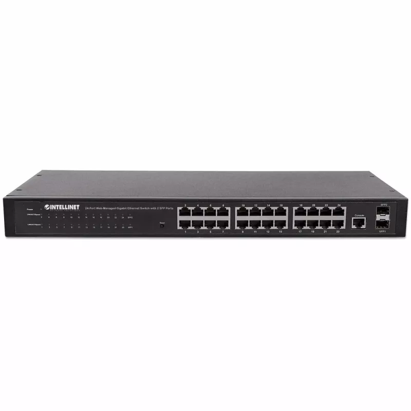 Intellinet 24-portowy przełącznik sieciowy, 24 porty (RJ45), do montażu w szafie, Gigabit, 4 SFP, Ethernet Web-Smart, 10/100/1000 Mbit