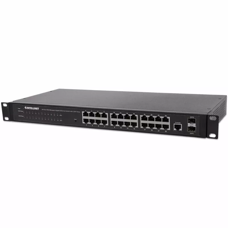 Intellinet 24-portowy przełącznik sieciowy, 24 porty (RJ45), do montażu w szafie, Gigabit, 4 SFP, Ethernet Web-Smart, 10/100/1000 Mbit