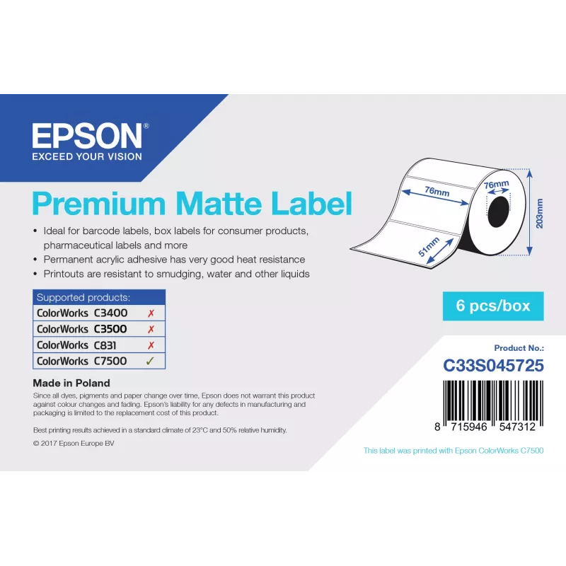 Etykieta Epson Premium Matte - Wykrawana Rola: 76 mm x 51 mm, 2310 etykiet