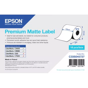 Epson Premium Matte Label - Continuous Roll: 105 mm x 35 m, biała, samoprzylepna etykieta do drukarki, etykieta ciągła, akrylowa, trwała, matowa