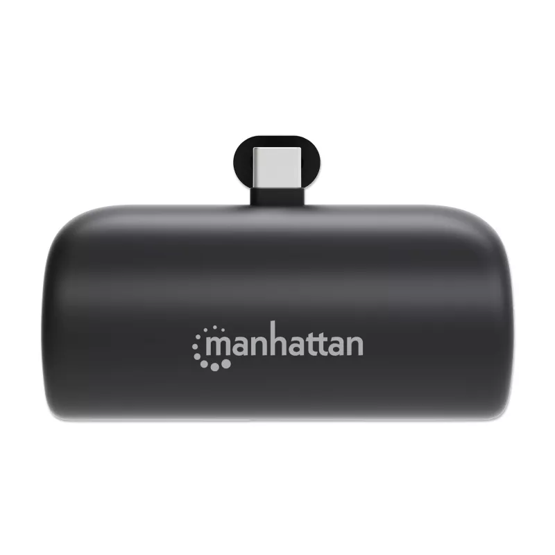 Manhattan Powerbank ze zintegrowaną wtyczką USB-C, 5000 mAh, moc wyjściowa do 10 W, podpórka umożliwiająca użycie jako uchwyt do ładowania telefonu, czarny, roczna gwarancja