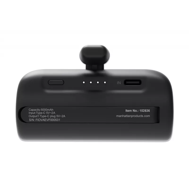 Manhattan Powerbank ze zintegrowaną wtyczką USB-C, 5000 mAh, moc wyjściowa do 10 W, podpórka umożliwiająca użycie jako uchwyt do ładowania telefonu, czarny, roczna gwarancja