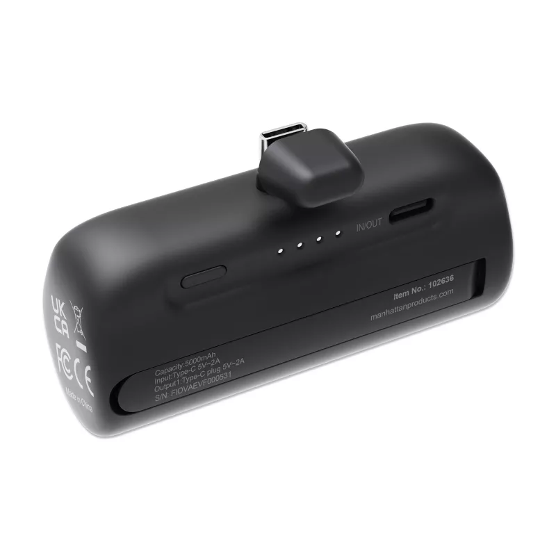 Manhattan Powerbank ze zintegrowaną wtyczką USB-C, 5000 mAh, moc wyjściowa do 10 W, podpórka umożliwiająca użycie jako uchwyt do ładowania telefonu, czarny, roczna gwarancja