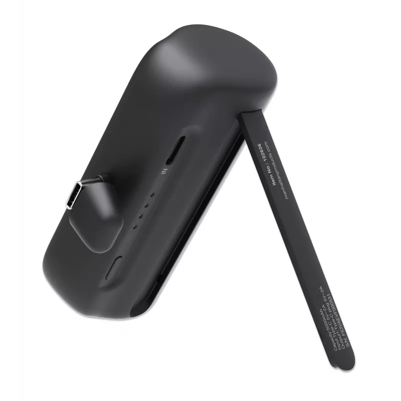 Manhattan Powerbank ze zintegrowaną wtyczką USB-C, 5000 mAh, moc wyjściowa do 10 W, podpórka umożliwiająca użycie jako uchwyt do ładowania telefonu, czarny, roczna gwarancja