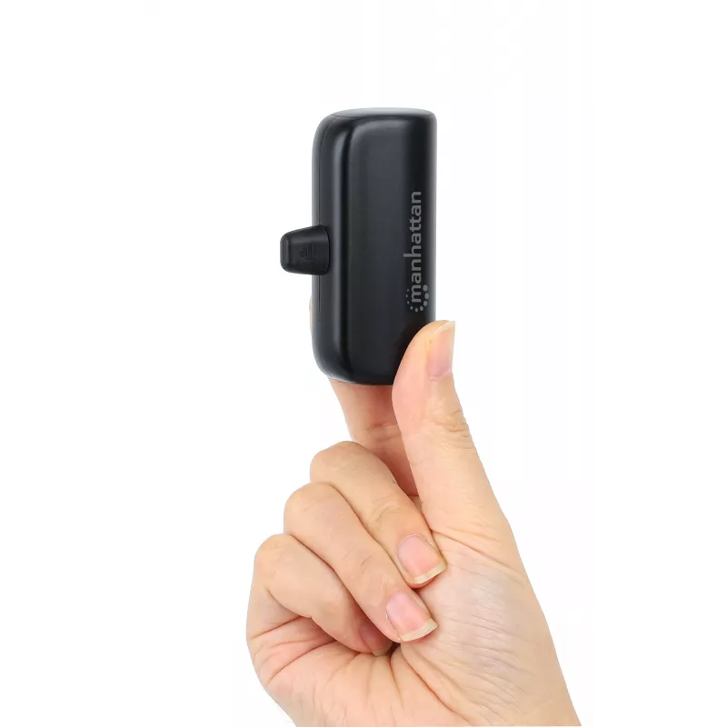 Manhattan Powerbank ze zintegrowaną wtyczką USB-C, 5000 mAh, moc wyjściowa do 10 W, podpórka umożliwiająca użycie jako uchwyt do ładowania telefonu, czarny, roczna gwarancja