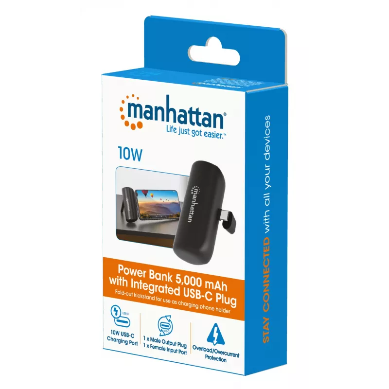 Manhattan Powerbank ze zintegrowaną wtyczką USB-C, 5000 mAh, moc wyjściowa do 10 W, podpórka umożliwiająca użycie jako uchwyt do ładowania telefonu, czarny, roczna gwarancja