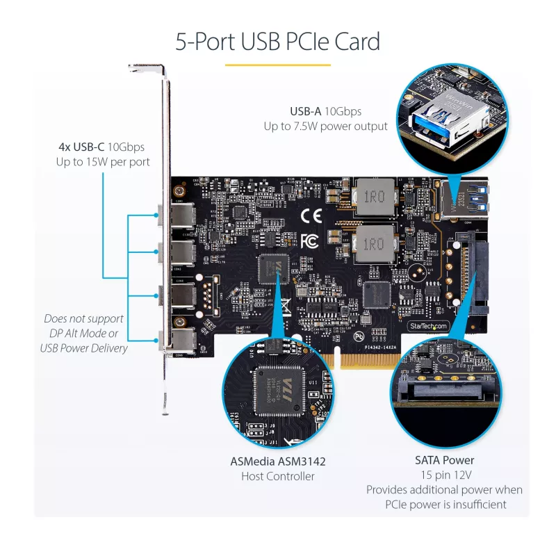 StarTech.com 5-Port USB PCIe Card, USB 3.2 10Gbps, PCI Express Card z 4 portami USB-C, 1 wewnętrzny port USB-A, karta kontrolera USB PCIe, Windows/macOS/Linux