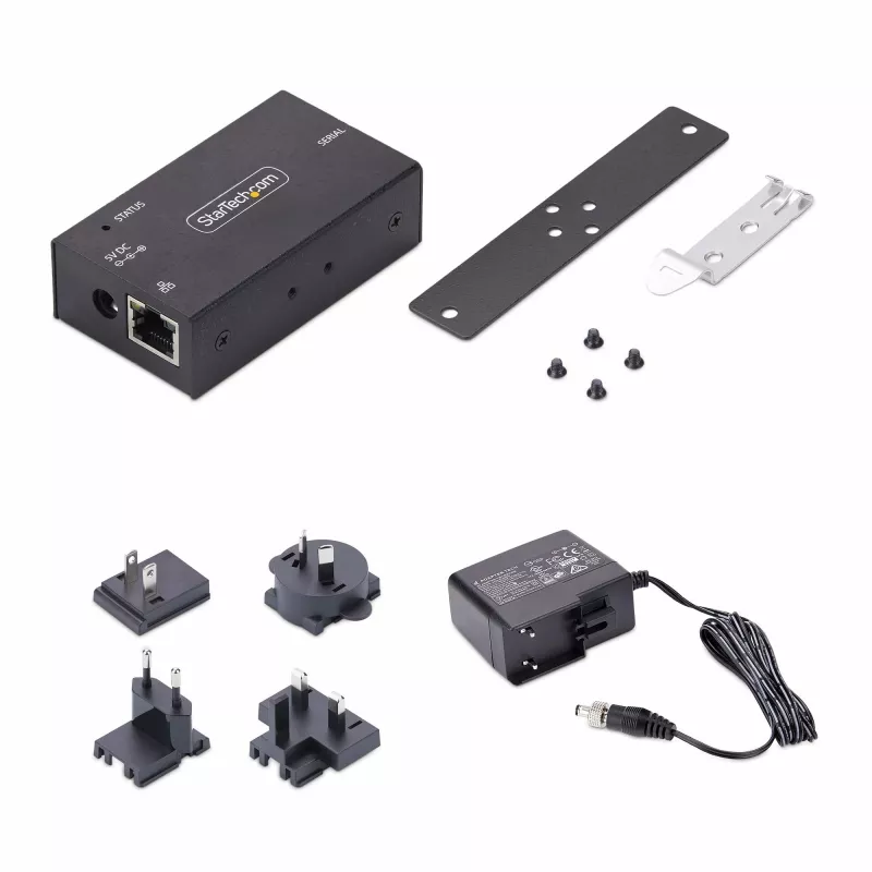 StarTech.com 1-portowy adapter szeregowy do Ethernetu, serwer urządzeń szeregowych IP do zdalnych urządzeń RS232, montaż na ścianie/szynie DIN, metalowa obudowa, konwerter RJ45 LAN na DB9 szeregowy