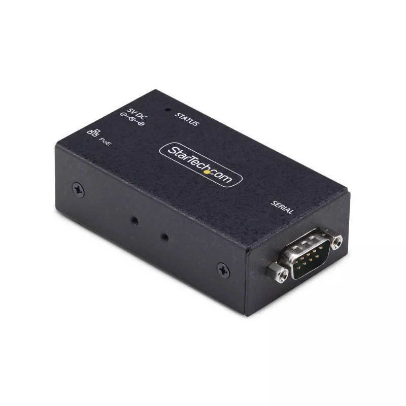StarTech.com 1-portowy adapter szeregowy na Ethernet, serwer urządzeń szeregowych IP 802.3af PoE do zdalnych urządzeń RS232, montaż na ścianie/szynie DIN, konwerter RJ45 LAN na DB9 szeregowy, TAA
