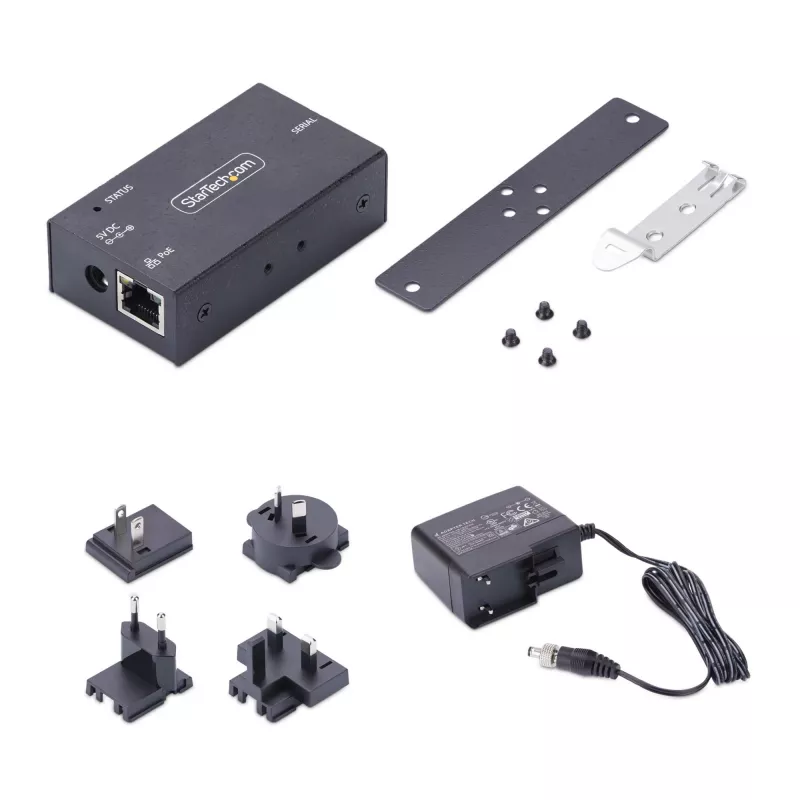 StarTech.com 1-portowy adapter szeregowy na Ethernet, serwer urządzeń szeregowych IP 802.3af PoE do zdalnych urządzeń RS232, montaż na ścianie/szynie DIN, konwerter RJ45 LAN na DB9 szeregowy, TAA