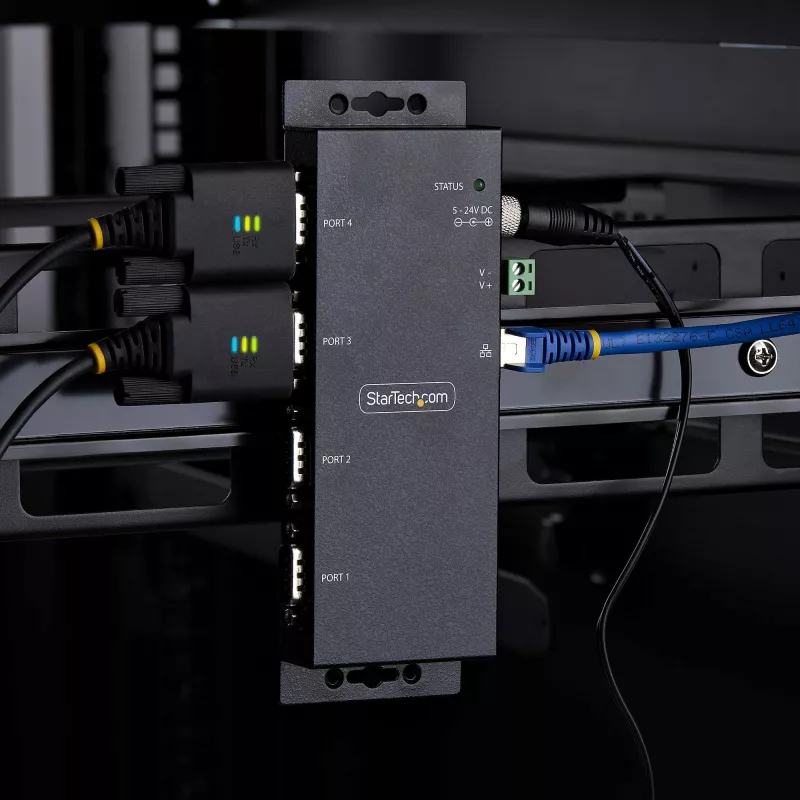 Przetwornik szeregowy na Ethernet StarTech.com, 4 porty, serwer urządzeń szeregowych IP do zdalnych urządzeń RS232, montaż na ścianie / szynie DIN, obudowa metalowa, konwerter RJ45 LAN na DB9 RS232