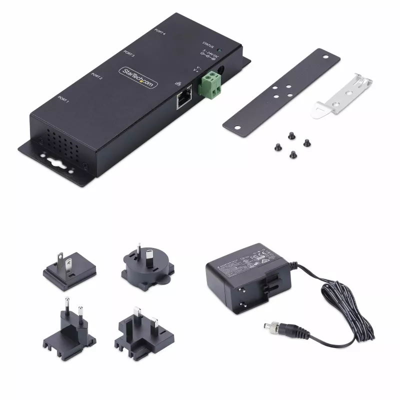 Przetwornik szeregowy na Ethernet StarTech.com, 4 porty, serwer urządzeń szeregowych IP do zdalnych urządzeń RS232, montaż na ścianie / szynie DIN, obudowa metalowa, konwerter RJ45 LAN na DB9 RS232