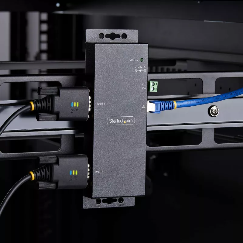 StarTech.com 2-portowy adapter szeregowy na Ethernet, serwer urządzeń szeregowych IP do zdalnych urządzeń RS232, montaż na ścianie/szynę DIN, metalowa obudowa, konwerter RJ45 LAN na DB9 szeregowy