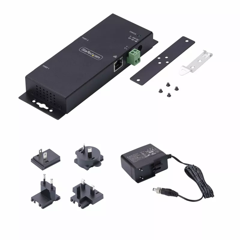 StarTech.com 2-portowy adapter szeregowy na Ethernet, serwer urządzeń szeregowych IP do zdalnych urządzeń RS232, montaż na ścianie/szynę DIN, metalowa obudowa, konwerter RJ45 LAN na DB9 szeregowy