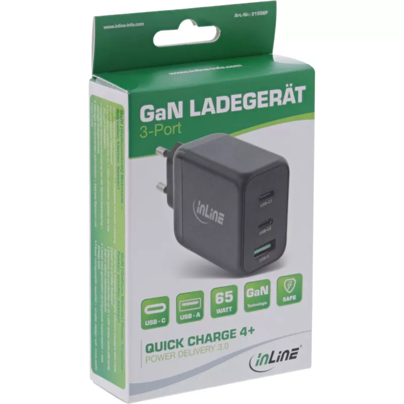 InLine zasilacz USB PD, ładowarka GaN, 3-portowa, Dual USB-C + USB-A, 65W