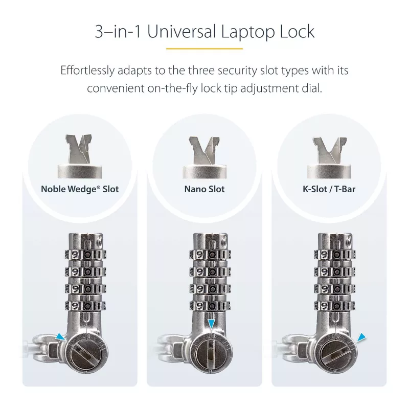 StarTech.com Universal Laptop kabel Lock 6.6ft (2m), Serialized Security kabel for Notebook, Kompatybilny w/Noble Wedge®/Nano/K-Slot; Keyless Combination kabel, TAA