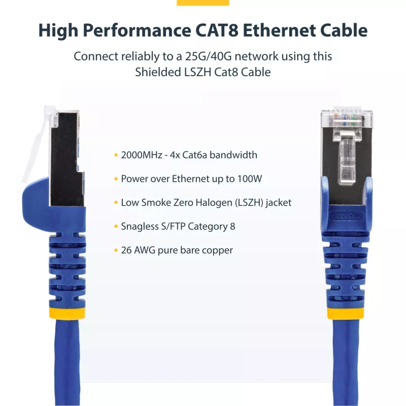 Kabel Ethernet StarTech.com 50 cm niebieski CAT8, Snagless RJ45, 25G/40G, 2000 MHz, 100W PoE++, S/FTP, 26AWG czysta miedź, LSZH, ekranowany kabel krosowy z odciążeniami, testowany indywidualnie