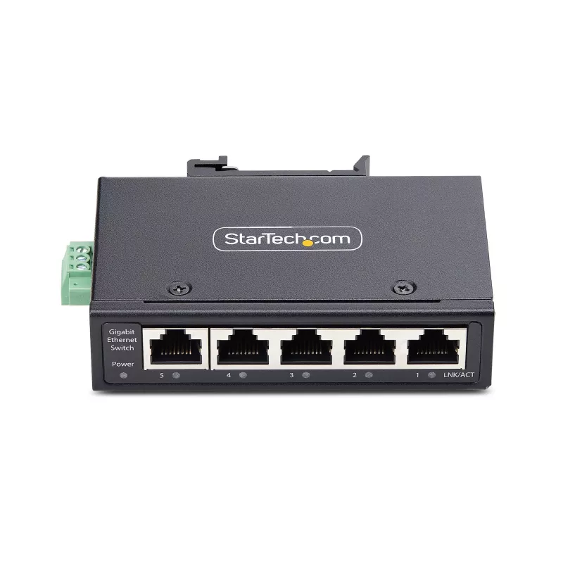 StarTech.com 5-portowy niezarządzalny przemysłowy switch sieciowy, 100/1000 Ethernet, montaż na szynie DIN/naścienny, wytrzymały gigabitowy switch IP30, -40°F-167°F, 9~60V DC, zgodny z TAA