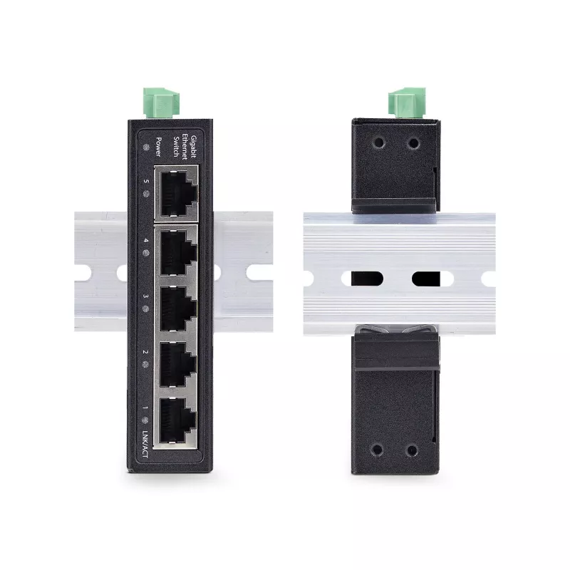 StarTech.com 5-portowy niezarządzalny przemysłowy switch sieciowy, 100/1000 Ethernet, montaż na szynie DIN/naścienny, wytrzymały gigabitowy switch IP30, -40°F-167°F, 9~60V DC, zgodny z TAA