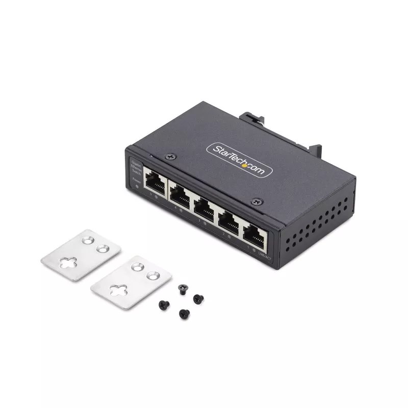 StarTech.com 5-portowy niezarządzalny przemysłowy switch sieciowy, 100/1000 Ethernet, montaż na szynie DIN/naścienny, wytrzymały gigabitowy switch IP30, -40°F-167°F, 9~60V DC, zgodny z TAA