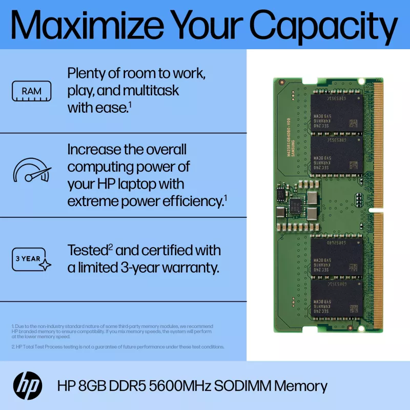 HP 8 GB DDR5 5600 SODIMM Memory, 8 GB, 1 x 8 GB, DDR5, 262-pin SO-DIMM