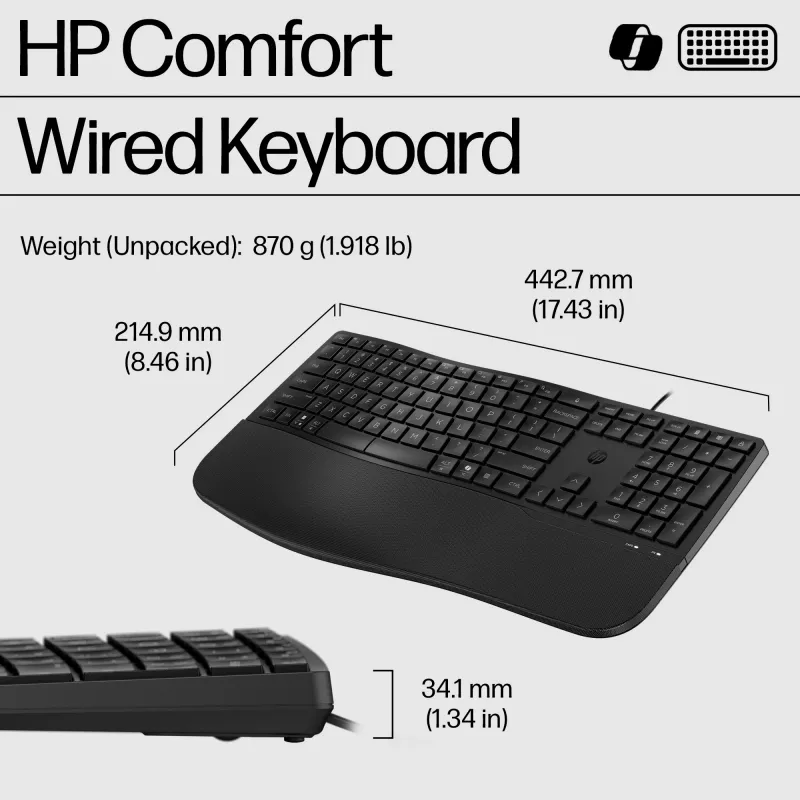 HP 485 Comfort Wired klawiatura Full-size USB Membrane with Wrist Rest