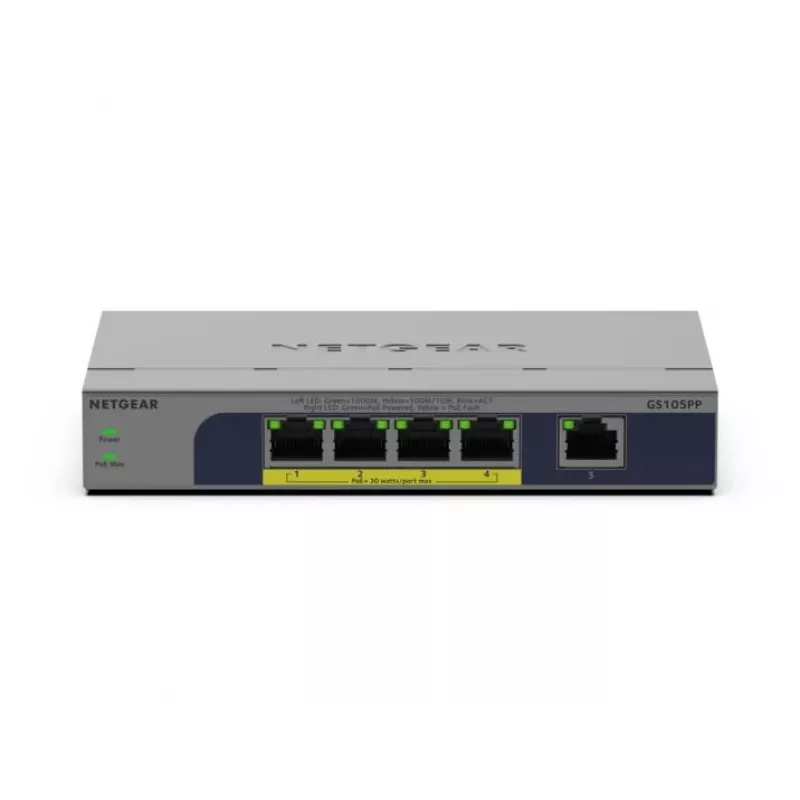 NETGEAR GS105PP Niezarządzalny Gigabit Ethernet (10/100/1000) Power over Ethernet (PoE) Desktop/Do montażu na ścianie Szary