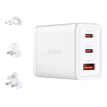 Ładowarka sieciowa wewnątrzbudynkowa D-Link DCP-651 — 65 W GaN, 2x USB‑C, uniwersalna kompatybilność, 90–264 V, biała