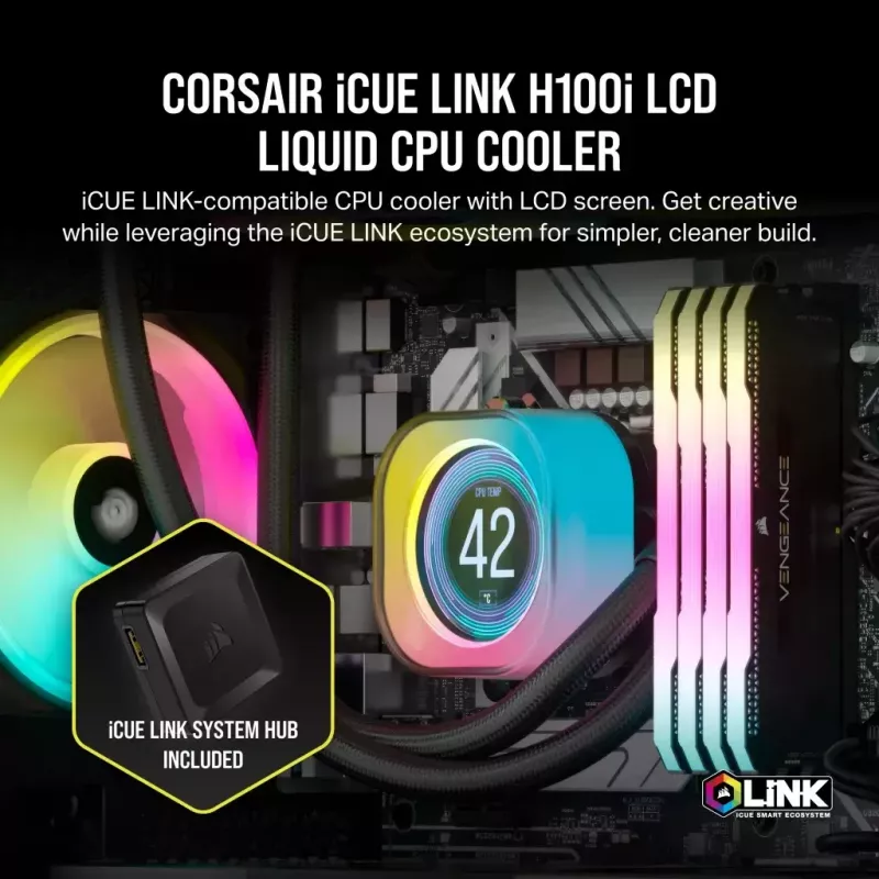 Corsair iCUE LINK H100i LCD RGB chłodzenie wodne AIO do procesora, 240 mm