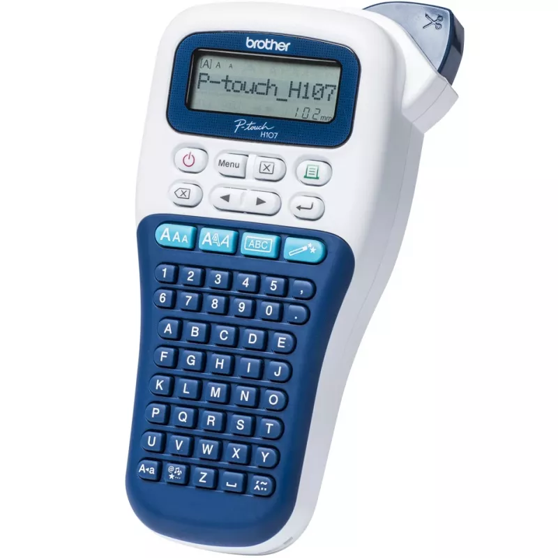 Drukarka etykiet Brother PT-H107B — termotransferowa, 180×180 DPI, 20 mm/s, taśmy TZe 3,5/6/9/12 mm, LCD, bateria AAA