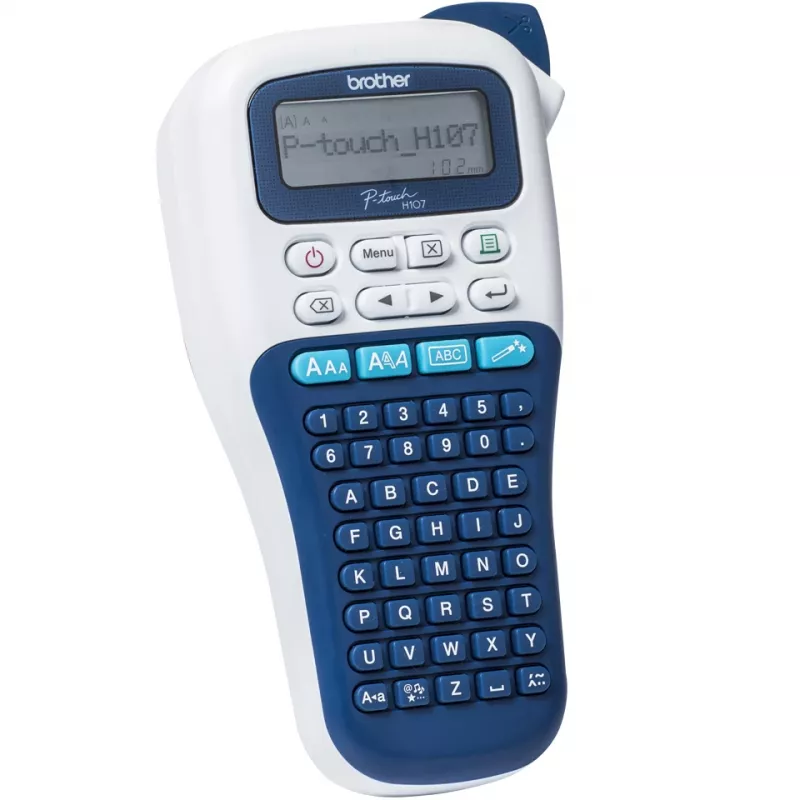 Drukarka etykiet Brother PT-H107B — termotransferowa, 180×180 DPI, 20 mm/s, taśmy TZe 3,5/6/9/12 mm, LCD, bateria AAA
