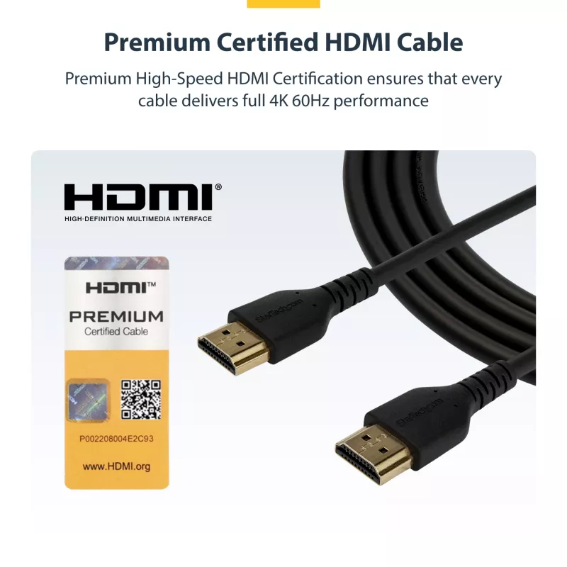 StarTech.com 1,5 m cienki HDMI 2.0, elastyczny przewód HDMI z certyfikatem Premium, z Ethernetem, UHD 4K 60 Hz HDR10, wytrzymała konstrukcja z włóknem aramidowym i osłoną TPE