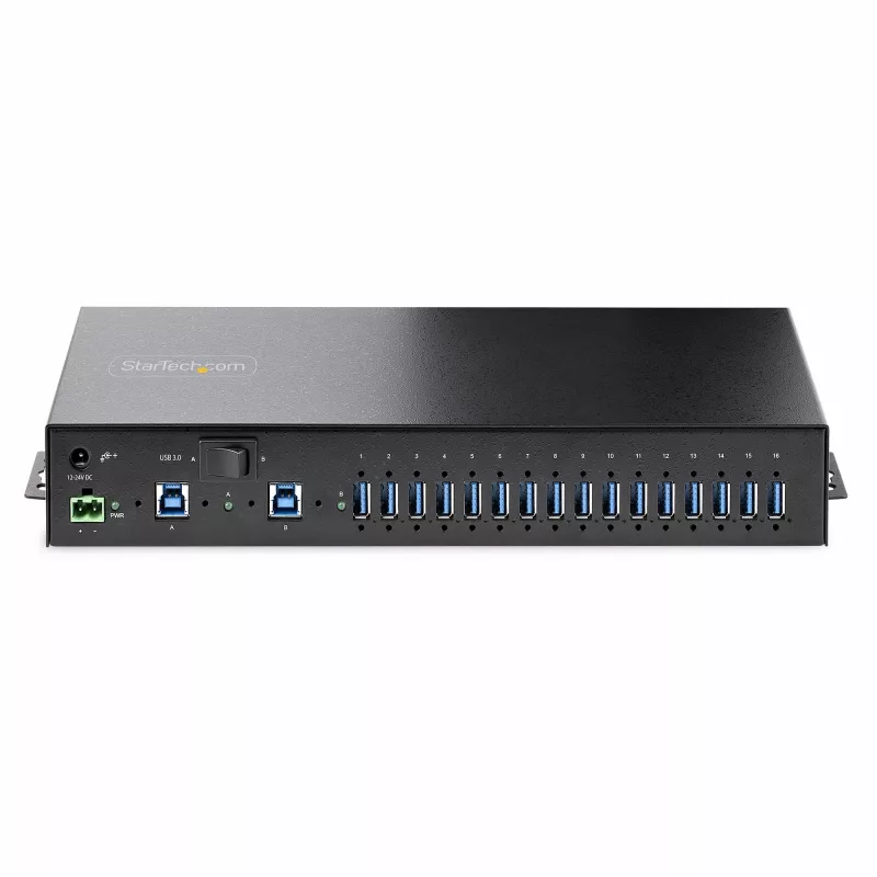 StarTech.com 16-portowy przemysłowy hub USB 5 Gb/s z zasilaczem, metalowa obudowa, możliwość montażu, ochrona ESD, zasilanie przez listwę zaciskową, ładowanie USB, przełącznik między dwoma hostami – TAA