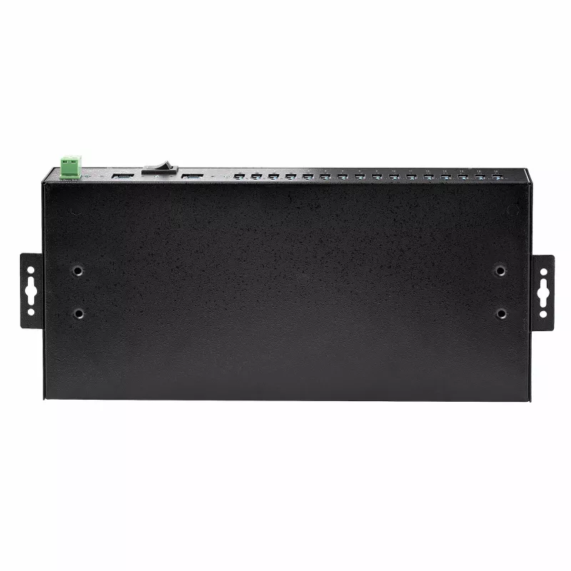 StarTech.com 16-portowy przemysłowy hub USB 5 Gb/s z zasilaczem, metalowa obudowa, możliwość montażu, ochrona ESD, zasilanie przez listwę zaciskową, ładowanie USB, przełącznik między dwoma hostami – TAA