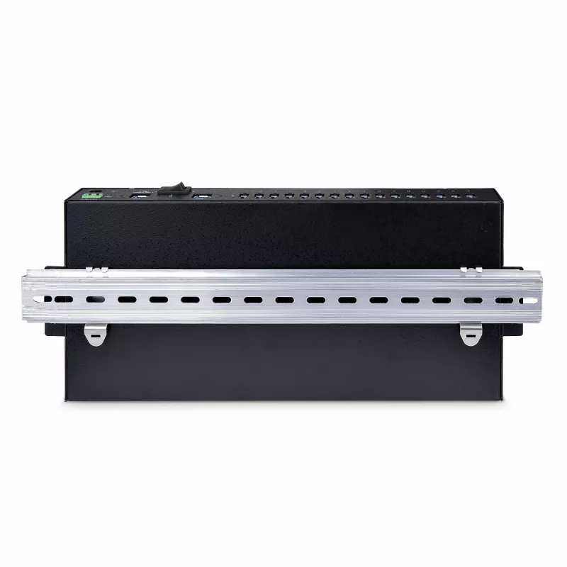 StarTech.com 16-portowy przemysłowy hub USB 5 Gb/s z zasilaczem, metalowa obudowa, możliwość montażu, ochrona ESD, zasilanie przez listwę zaciskową, ładowanie USB, przełącznik między dwoma hostami – TAA
