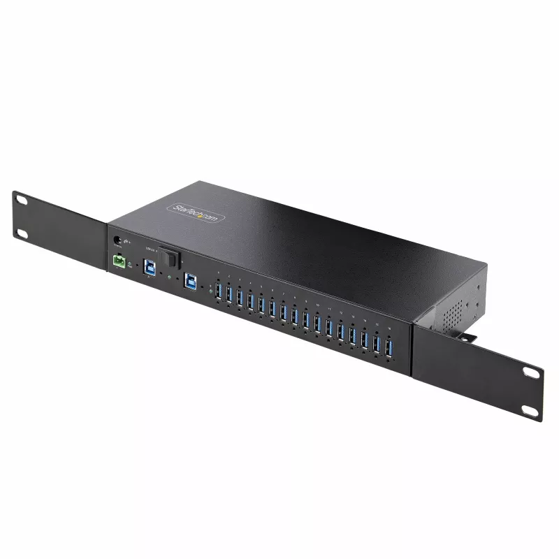 StarTech.com 16-portowy przemysłowy hub USB 5 Gb/s z zasilaczem, metalowa obudowa, możliwość montażu, ochrona ESD, zasilanie przez listwę zaciskową, ładowanie USB, przełącznik między dwoma hostami – TAA