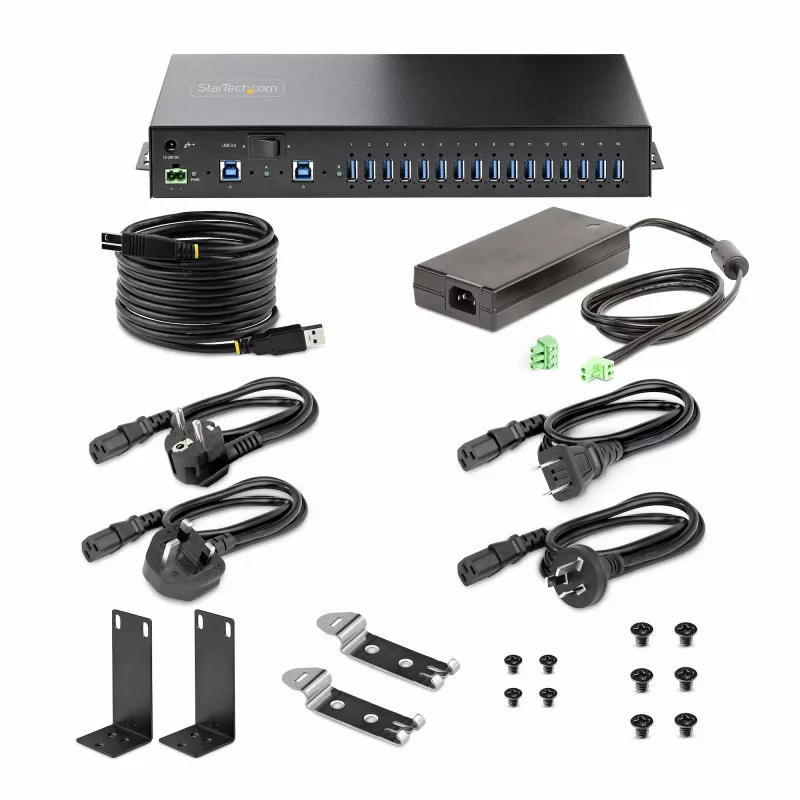 StarTech.com 16-portowy przemysłowy hub USB 5 Gb/s z zasilaczem, metalowa obudowa, możliwość montażu, ochrona ESD, zasilanie przez listwę zaciskową, ładowanie USB, przełącznik między dwoma hostami – TAA