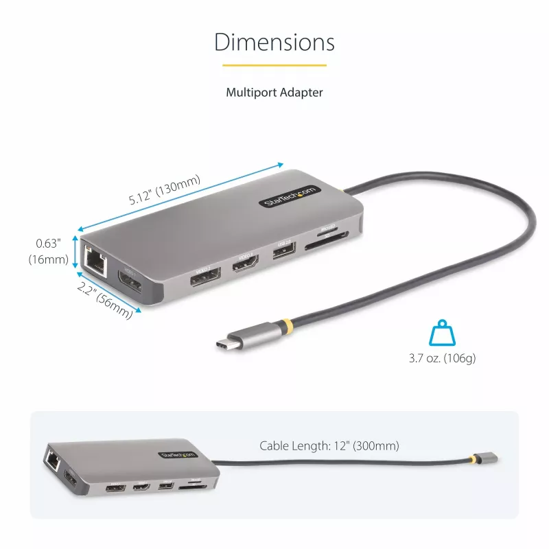StarTech.com USB-C Triple-Monitor Multiport Adapter, Dual 4K 60Hz + 4K 30Hz HDMI & DisplayPort, 4-Port USB Hub, 100W PD Pass-Through, GbE, SD/MicroSD Card Readers