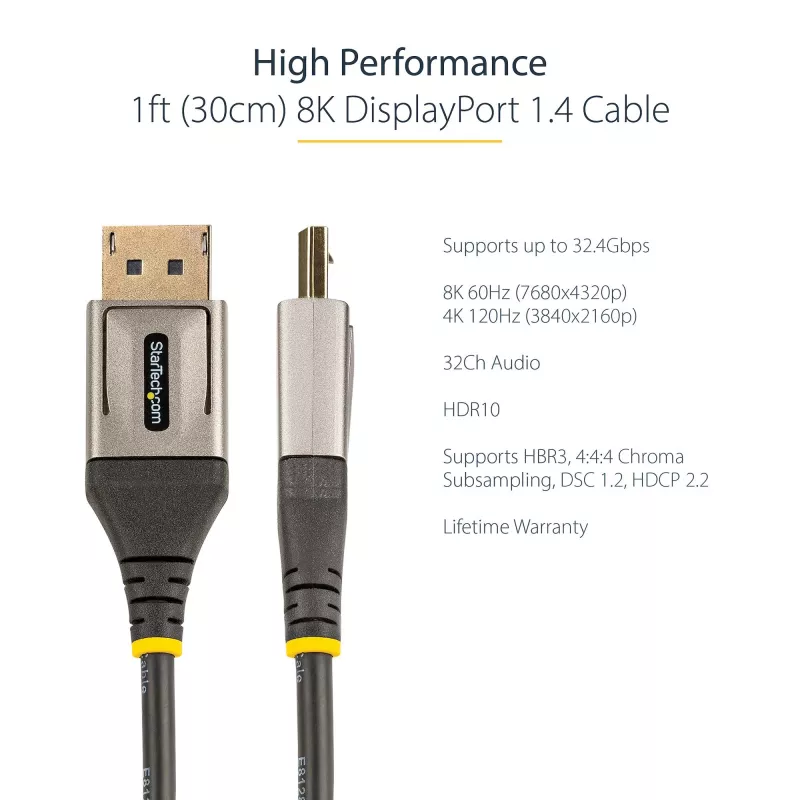 StarTech.com Kabel DisplayPort 1.4 0,3 m – 8K 60 Hz HDR10 – Wideo Ultra HD 4K 120 Hz – Kabel/przewód DP 1.4 – Do monitorów/wyświetlaczy – Kabel DisplayPort–DisplayPort – M/M