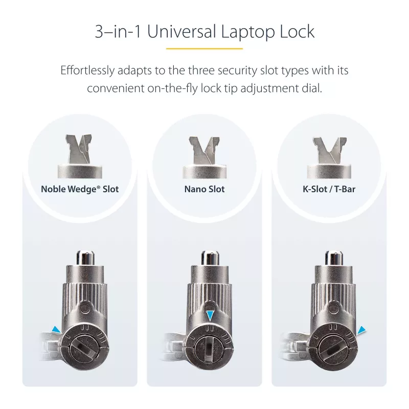 StarTech.com 3-w-1 uniwersalna linka blokująca do laptopa 6,6 stóp (2 m), linka zamykana na klucz systemem Master Key, zabezpieczenie komputera, kompatybilna z Noble Wedge®/Nano/K-Slot; antykradzieżowa linka odporna na przecięcie