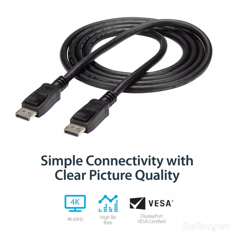 Kabel StarTech.com DisplayPort 1.2 1,8 m (2 m) – 4K x 2K Ultra HD z certyfikatem VESA – kabel DP do DP do monitora – przewód wideo/wyświetlacza DP – zatrzaskowe złącza DP